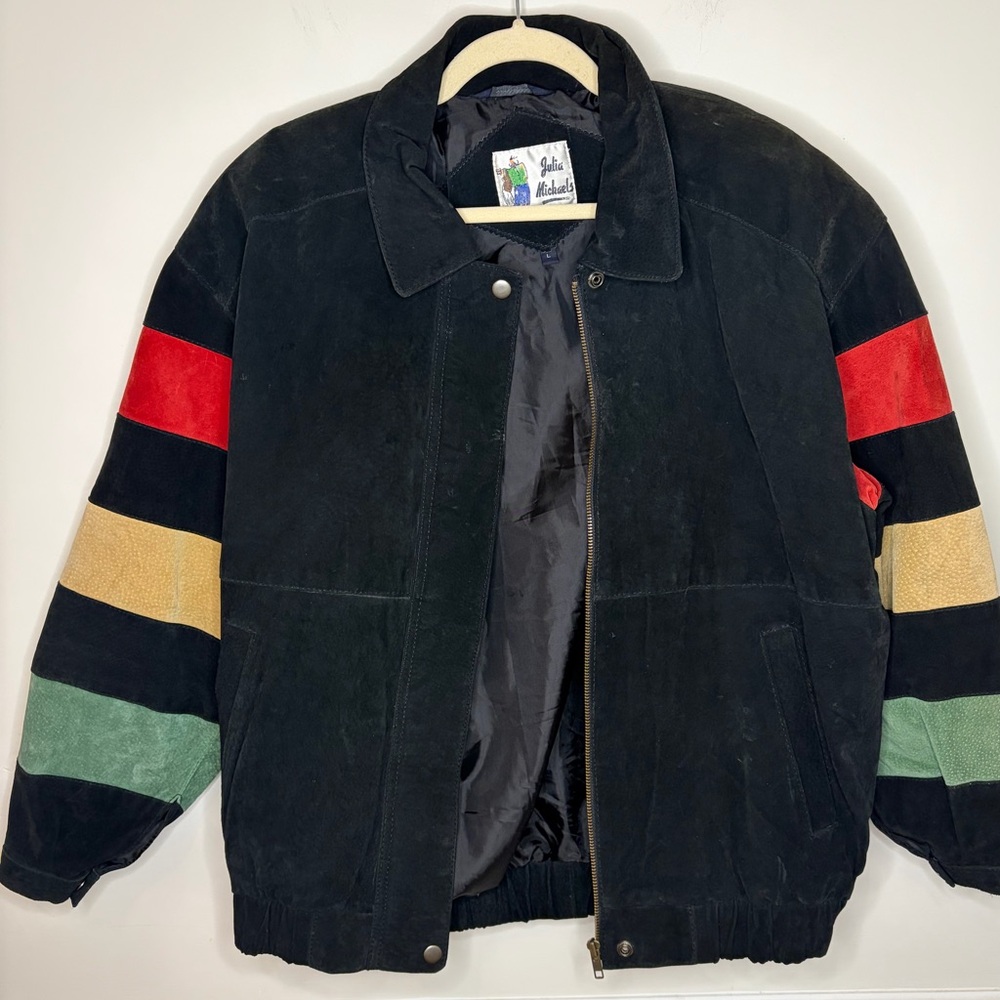 VTG 90s Bomber Jacket Black Multicolor Suede Julia Michael Sz M Multicolor